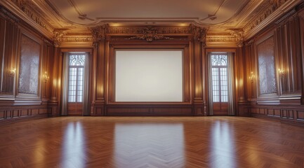 Grand, ornate room with rich wood paneling, large blank space, and elegant windows