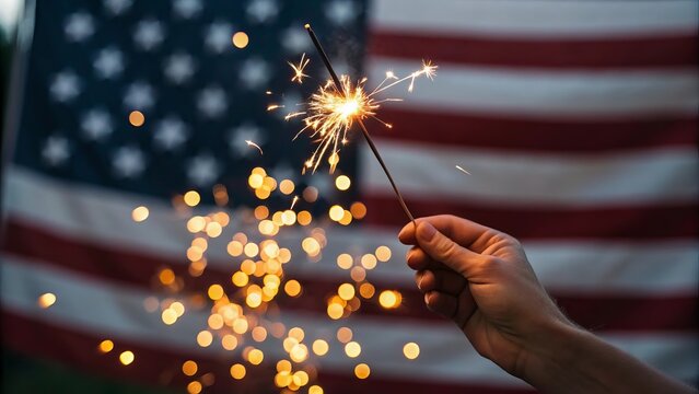 Close-up of sparkler glowing in hand with American flag blurred in the background. Symbolic and patriotic image for the 4th of July, representing freedom, celebration, and unity during an Independence