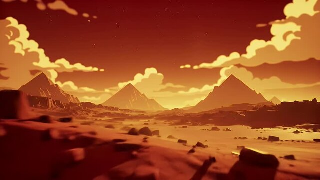Animated Desert Landscape with Pyramids and Orange Sky for Epic Middle Eastern Scenery