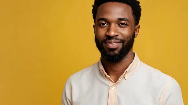 A smiling african american man holds a laptop against a yellow background