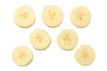 Seven ripe banana slices lying on a transparent background, perfect for healthy eating and fruit-based designs