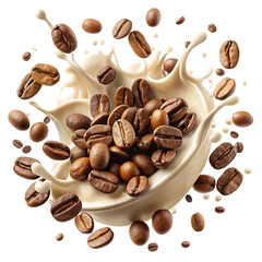 Obraz premium Creamy Beige Milk Splash Surrounding Brown Coffee Beans Studio Shot A I G E N E R A T E D P N G isolated on a transparent background