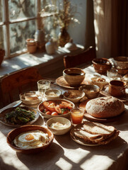 Fototapeta premium Breakfast table food makes me so happy and full of energy on morning