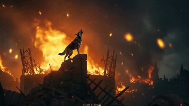 Dramatic wolf amidst fiery ruins