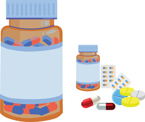 Vector Illustration of Medicine Bottles with Pills, Capsules, and Blister Packs on Transparent Background