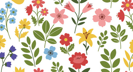 Vibrant Hand-Drawn Floral Pattern on White Background
