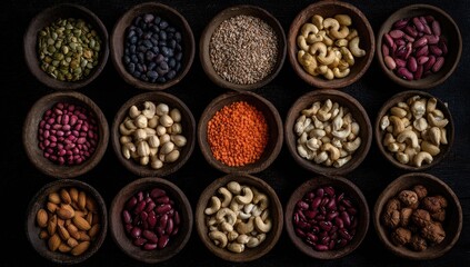 Overhead shot of fifteen small dark wooden bowls, each filled with a variety of legumes, nuts, and seeds, arranged in a grid against a dark background