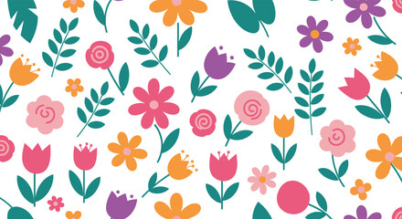 Vibrant Hand-Drawn Floral Pattern on White Background