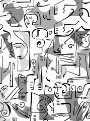 Abstract drawing of women's faces with black lines on a colored background.Seamless pattern.