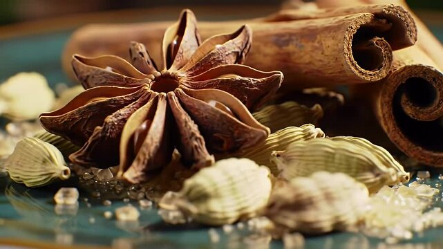 Aromatic Spices Still Life Star Anise Cinnamon and Green Cardamom with Sugar on Blue Plate Showcasing Middle Eastern and Arabic Culinary Essence