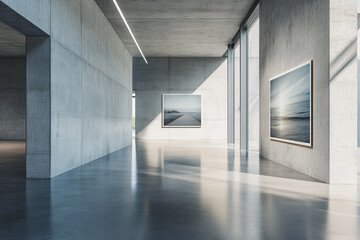 Modern gallery interior design minimalist architecture concrete walls seascape artwork sunlight reflections polished floor