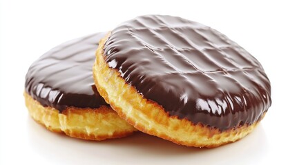 Two chocolate-glazed doughnuts stacked