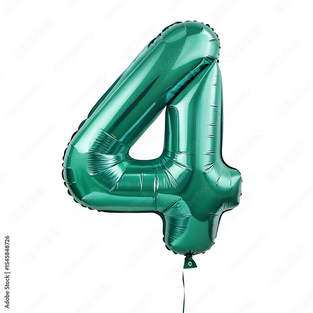 Fototapete a balloon shaped like the number 4,emerald green metallic finish with realistic reflections and smoo