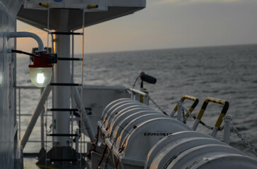 The life raft station on board of the offshore support vessel. Life rafts can be released manually...