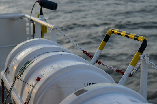 The life raft station on the offshore support vessel. Life rafts can be released manually or automatically by the hydrostatic release unit
