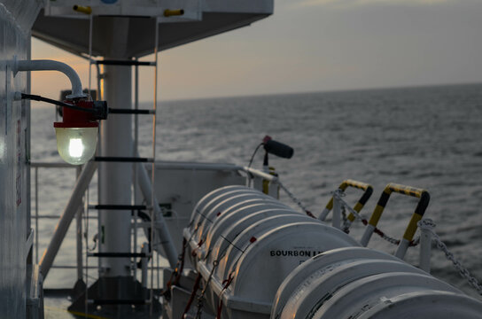 The life raft station on board of the offshore support vessel. Life rafts can be released manually or automatically when the vessel goes underwater and pressure activates the hydrostatic release unit