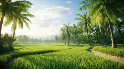 Obraz premium Palm trees in rice paddy landscape