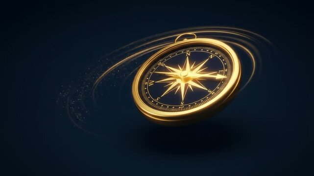 Golden Compass Spinning with Light Trails on Dark Blue Background, Navigation Concept