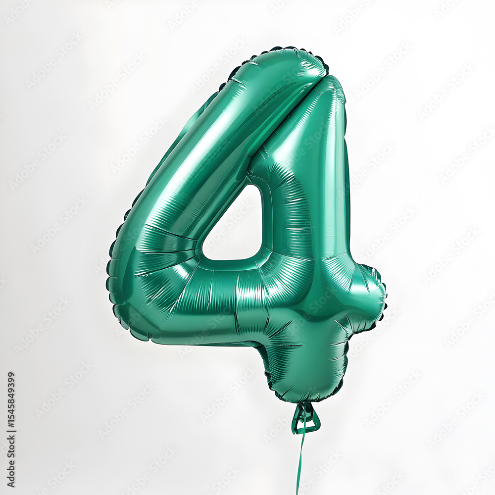 Fototapete a balloon shaped like the number 4,emerald green metallic finish with realistic reflections and smoo