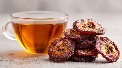 A soft morning light on dried plum slices and rooibos tea, neutral background with space above