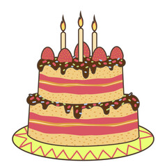 Birthday cake. Two-tier cake with strawberries and candles. Vector illustration
