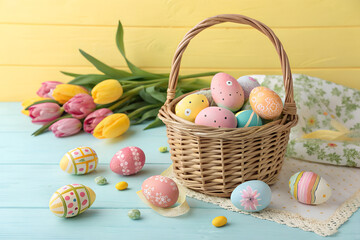 Wicker Easter Basket with Colorful Painted Eggs and Tulips on Yellow Background &ndash; Spring Holiday Concept