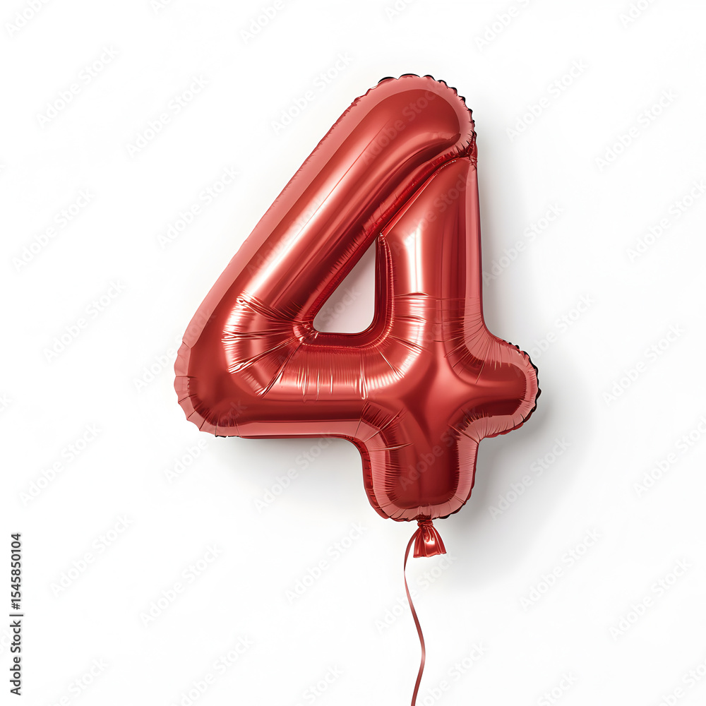 Fototapete A balloon shaped like the number 4,glossy red metallic finish with realistic reflections and smooth texture.