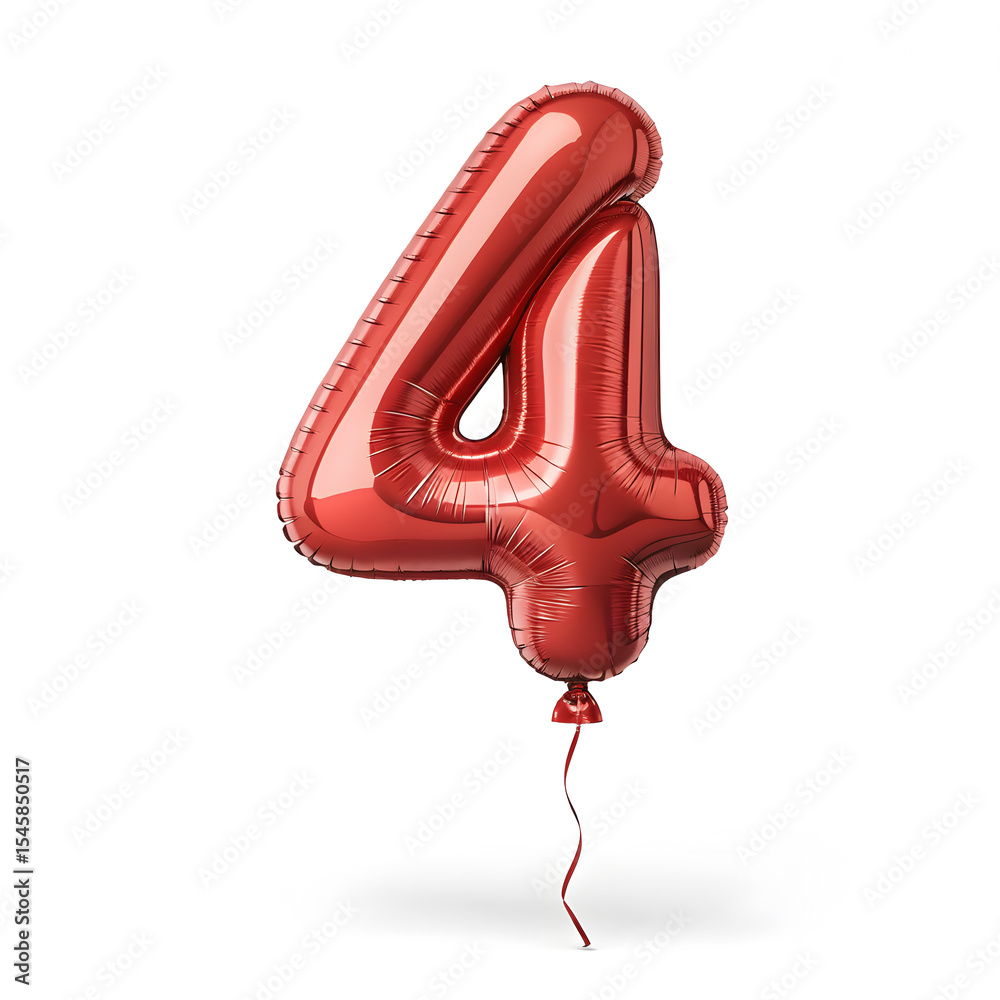 Fototapete a balloon shaped like the number 4,glossy red metallic finish with realistic reflections and smooth 