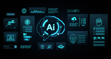 Futuristic digital interface showing artificial intelligence UI elements, data visualization, and...