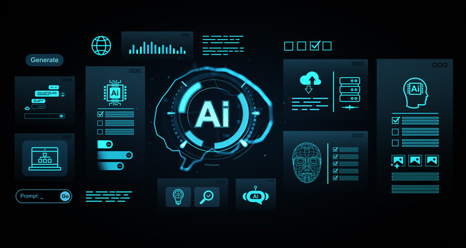 Futuristic digital interface showing artificial intelligence UI elements, data visualization, and neural network concept on dark tech background. 3D Rendering