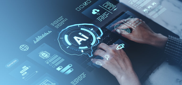 Hands typing on laptop with futuristic digital interface showcasing AI and data processing technology for automating business processes and innovation.