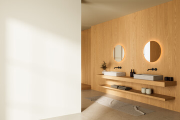 Modern minimalist bathroom interior with blank white wall and wooden vanity, perfect for poster...