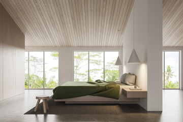 Modern minimalist bedroom interior with green bedspread and large windows showing tropical view in natural-toned architecture. 3D Rendering