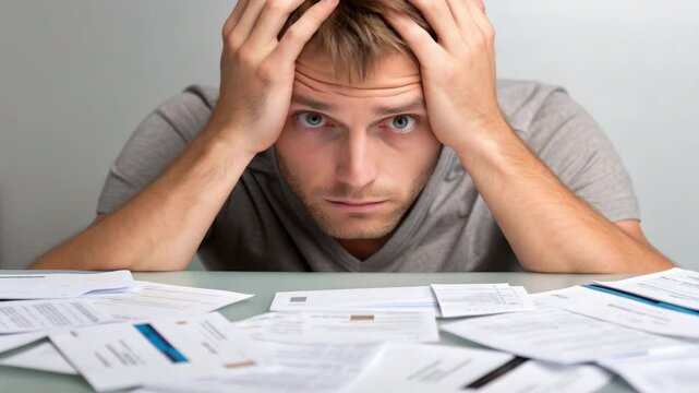Household Debt Crisis concept ,Overwhelmed man holding head with credit card statement and bill showing stress worry