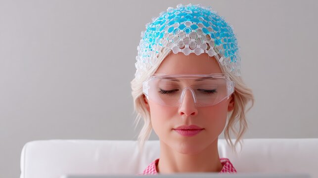 Woman Wearing a Brain Computer Interface Headset and Goggles