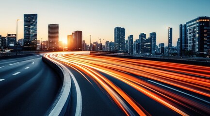 City highway at sunset, blurred car lights streak across a curved road