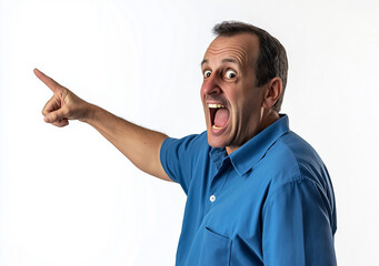 Excited Man in Blue Shirt Pointing to the Side – Happy Office Worker Promoting an Advertisement, Isolated on White Background with Copy Space, High-Resolution Studio Photography