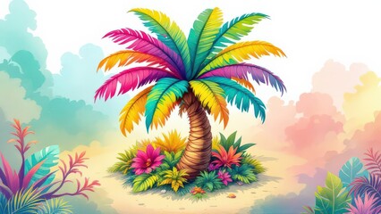 A vibrant display of colorful tropical palm tree on island beach