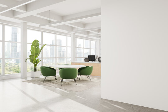 Modern office interior with green chairs, wooden desk, large windows, and blank white wall for poster or banner mockup concept. 3D Rendering. 3D Rendering