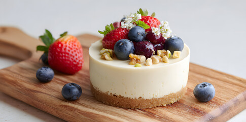 Homemade cheesecake with creamy frosting, topped with raspberries, blueberries, walnuts, and pistachios. Fresh and festive dessert on marble background