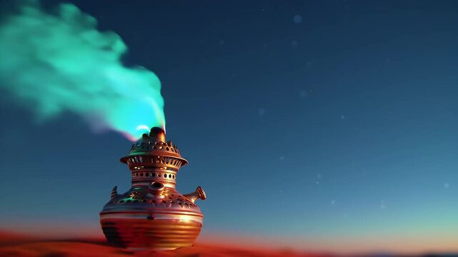 Elegant Brass Incense Burner with Teal Smoke on Gradient Blue Orange Sky