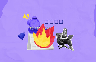 Businesswoman working on laptop near flaming calendar and alarm