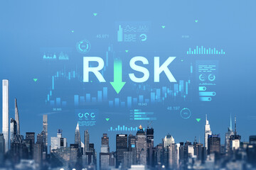 Risk management and investment analysis concept above New York Manhattan skyline with data graphics...