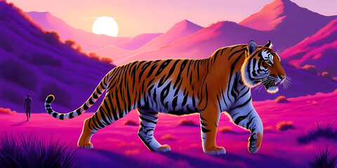 A vibrant digital illustration of a tiger walking across a purple landscape