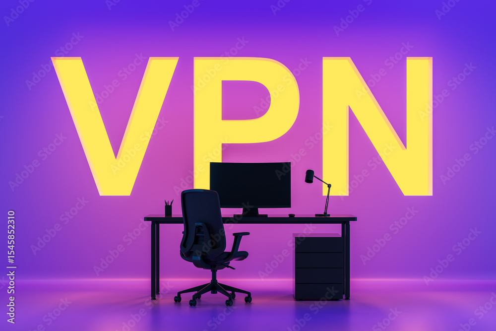 Poster workspace with large yellow vpn letters on a glowing purple background representing internet privacy