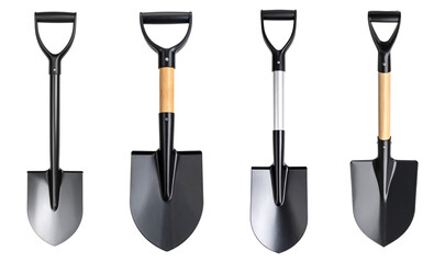 Four diverse shovels with varying designs ready for gardening or construction tasks.