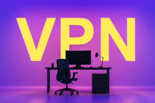 Workspace with large yellow VPN letters on a glowing purple background representing internet privacy and security concept in digital environments. 3D Rendering
