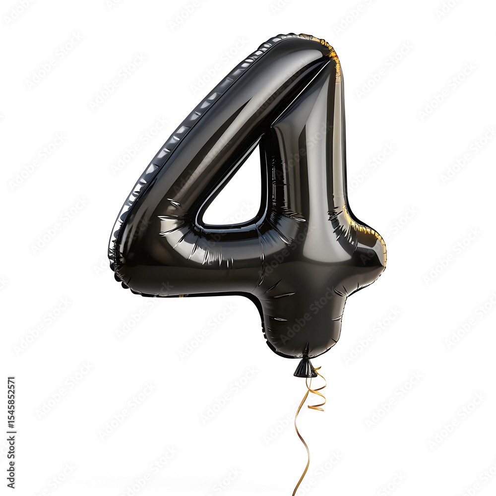 Fototapete a balloon shaped like the number 4,matte black metallic finish with realistic reflections and smooth