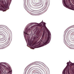 Seamless pattern with red onion. Sliced ​​and whole vegetables. Autumn harvest. Kitchen decor. Watercolor illustration without background. Hand drawing.