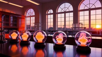 Five Glowing Snow Globes on Lab Table

